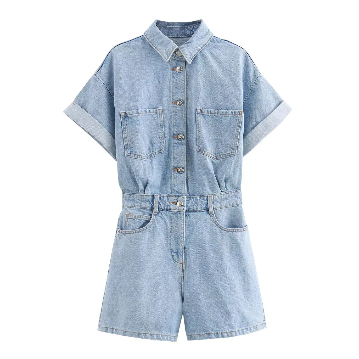 lichtblauwe playsuit met opgerolde mouwen en riem