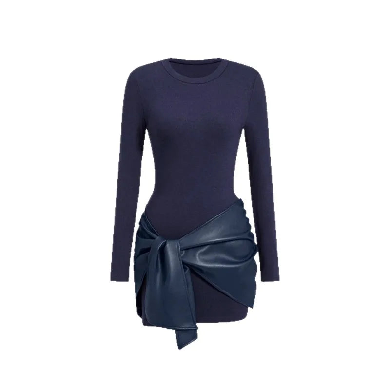 blauwe mini-jurk met strikdetail – elegante avondjurk
