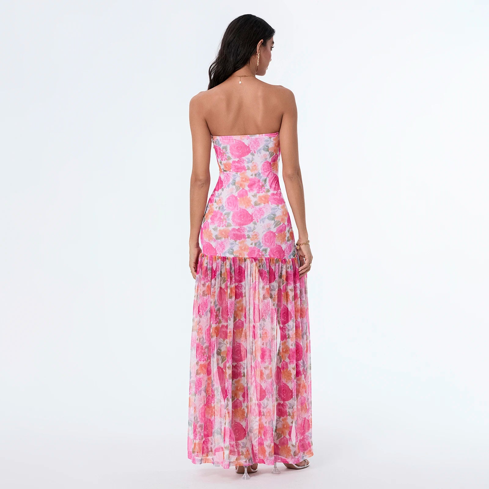 abstracte roze  maxi jurk met transparante rok
