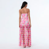 abstracte roze  maxi jurk met transparante rok