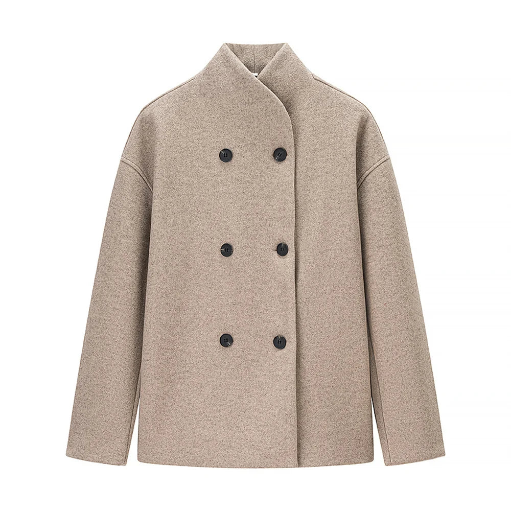 beige oversized double breasted damesjas met zwarte knopen