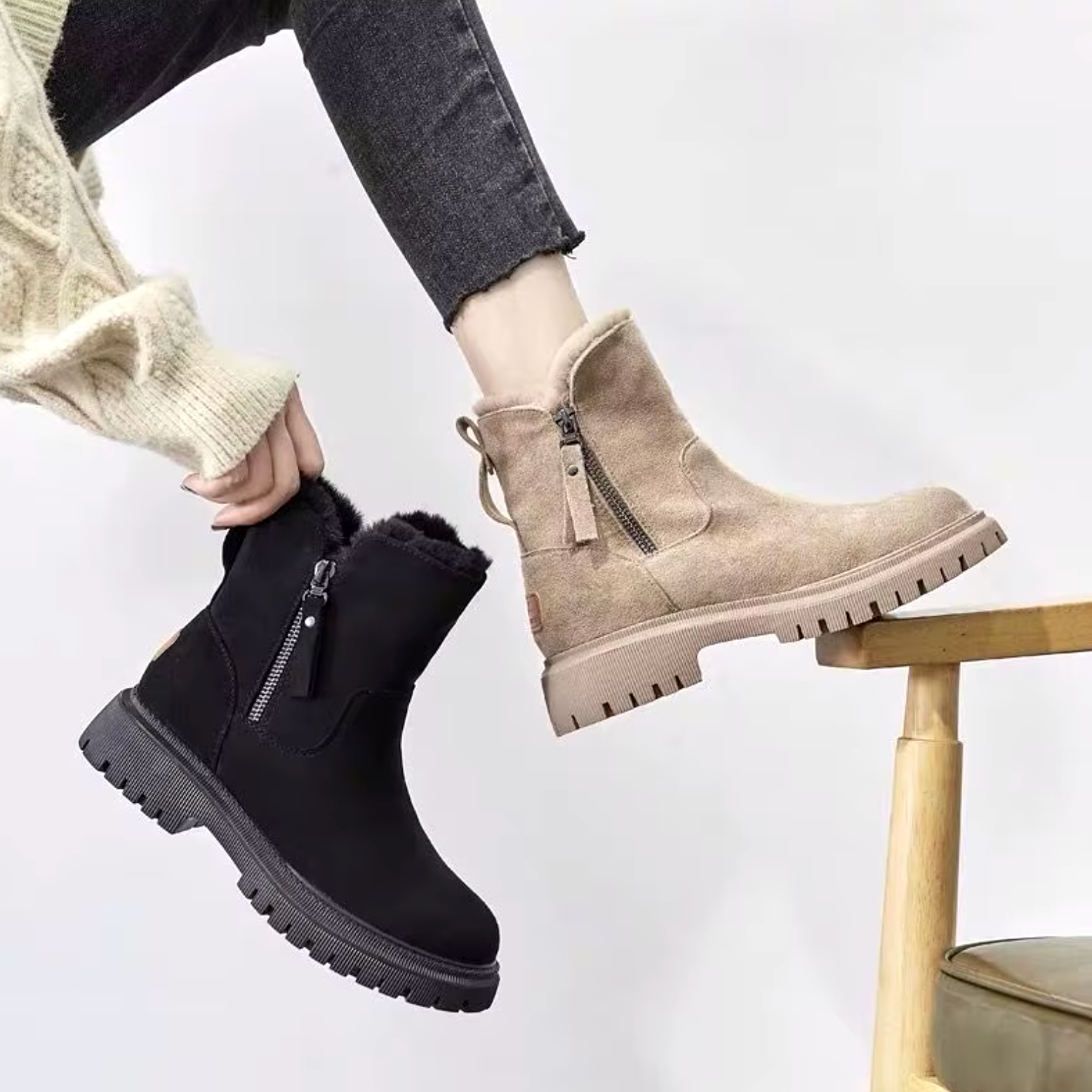 Marvella | Warme Enkellaarzen met Bontvoering & Chunky Zool