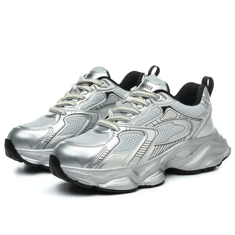silver chunky sneakers met mesh-panelen en stevige zool