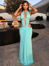  turquoise jurk met cut out details en elegante pasvorm dames