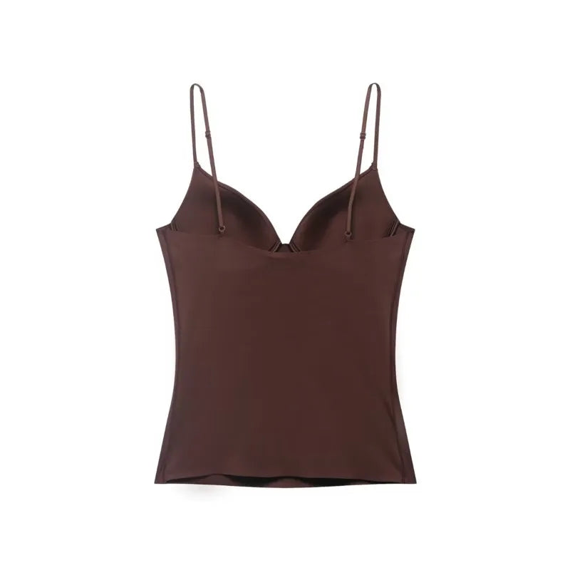 Achterkant bruine fitted top met ingebouwde cups voor dames