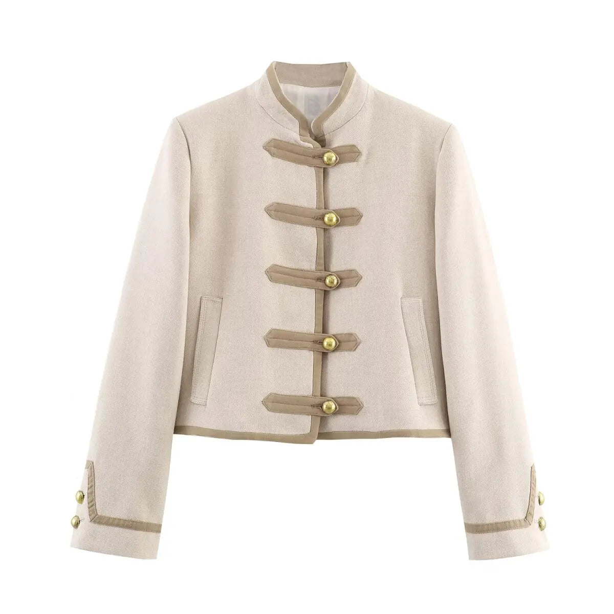 structured jacket dames close up knopen detail