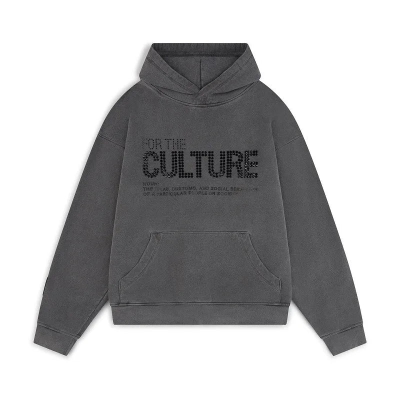donkergrijze hoodie met rhinestone tekst for the culture