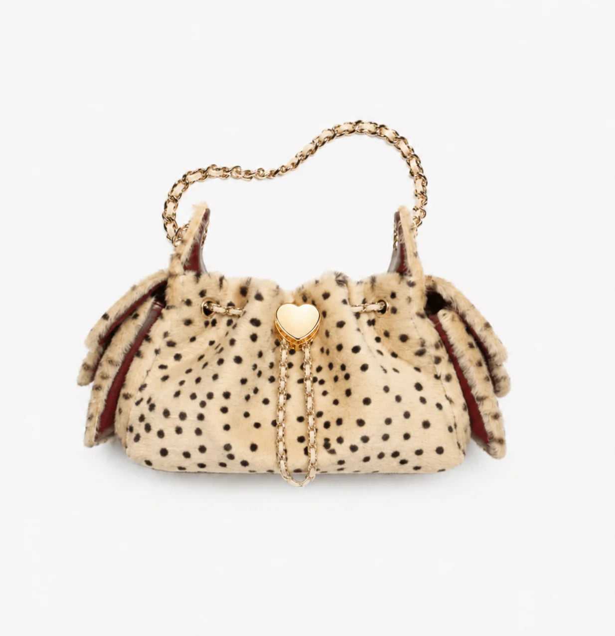 beige leopardschoudertas met gouden ketting en hartsluiting