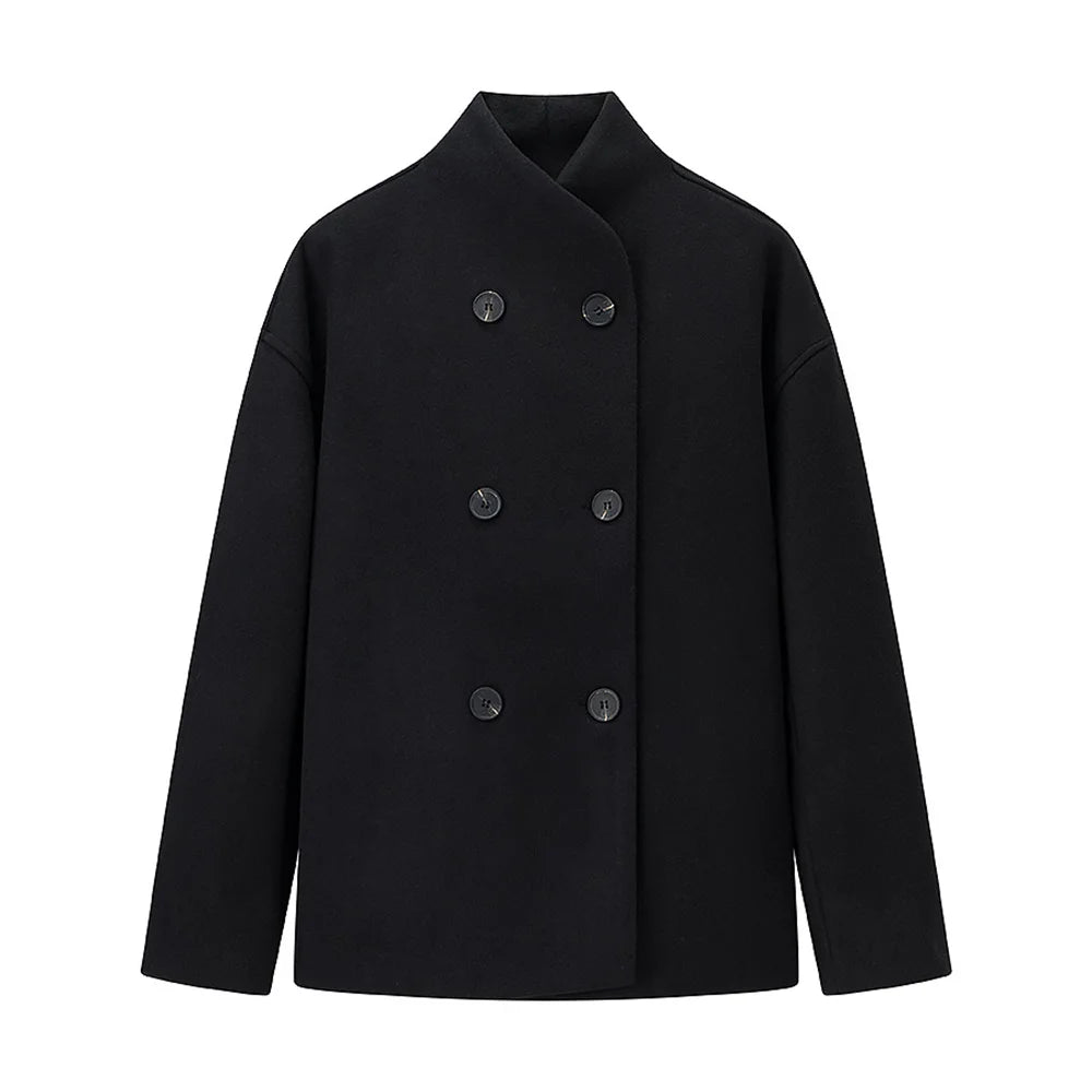 zwarte oversized double breasted damesjas met knopen