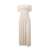 Lange elegante maternity dress met gedrapeerde off-shoulder halslijn