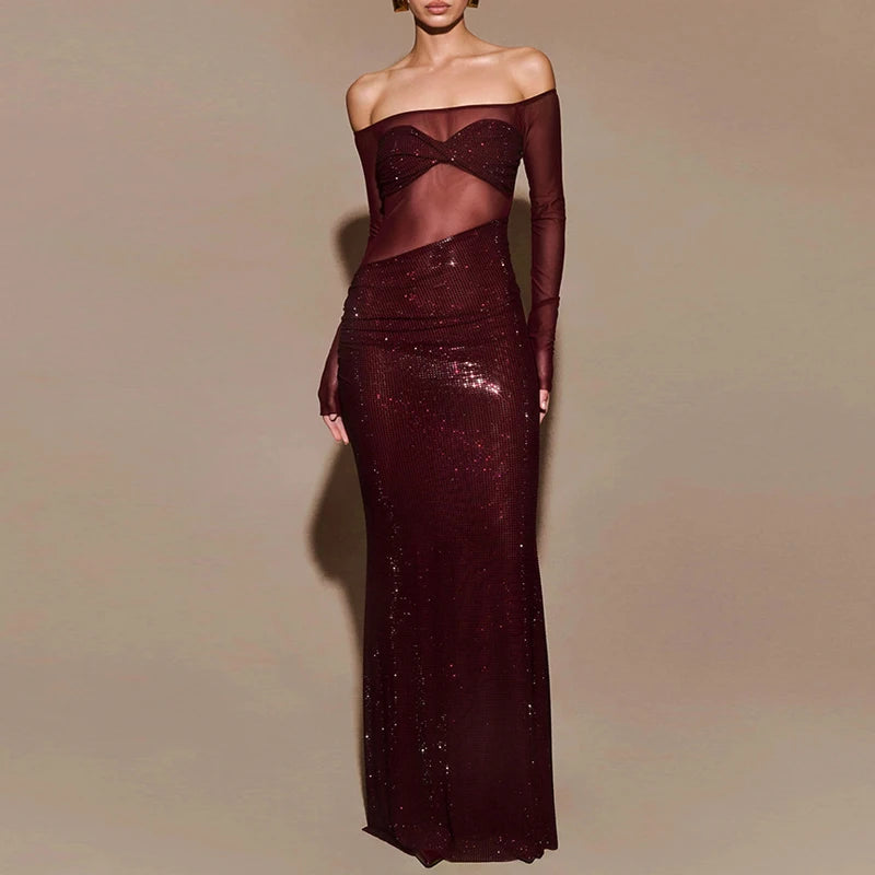 Seraphyne crystal mesh gown burgundy vooraanzicht