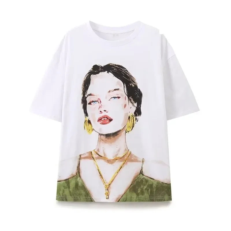 Rivah t-shirt met artistieke vrouwengezicht print en gouden details