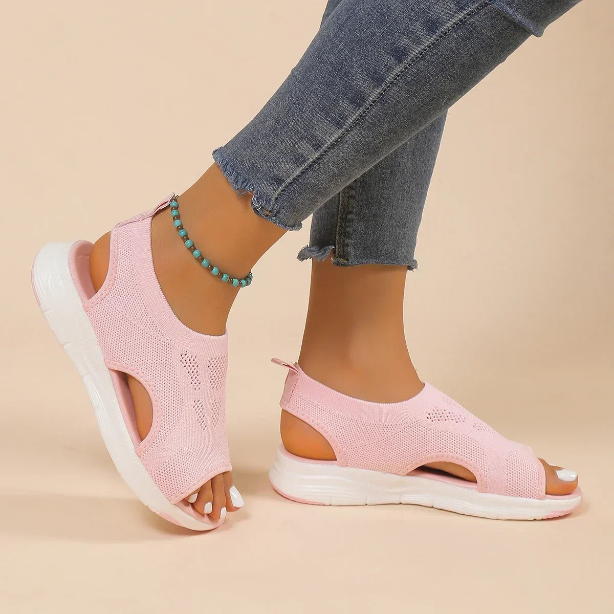 chunky knit mesh sandalen in pastelroze met dikke zool