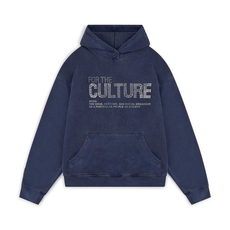 blauwe hoodie met glinsterende rhinestone details for the culture