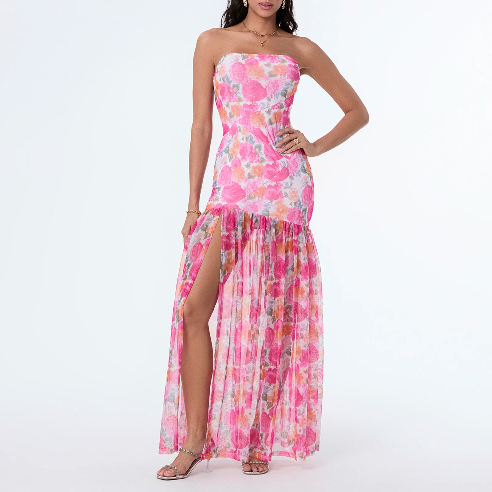 strapless bloemenjurk met hoge split 