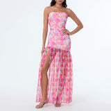 strapless bloemenjurk met hoge split 