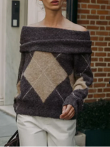 Elviane | Off-Shoulder Gebreide Trui met Argyle Patroon