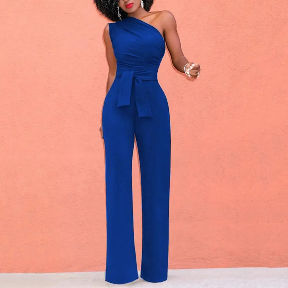 Blauwe feestelijke jumpsuit met taille-accent