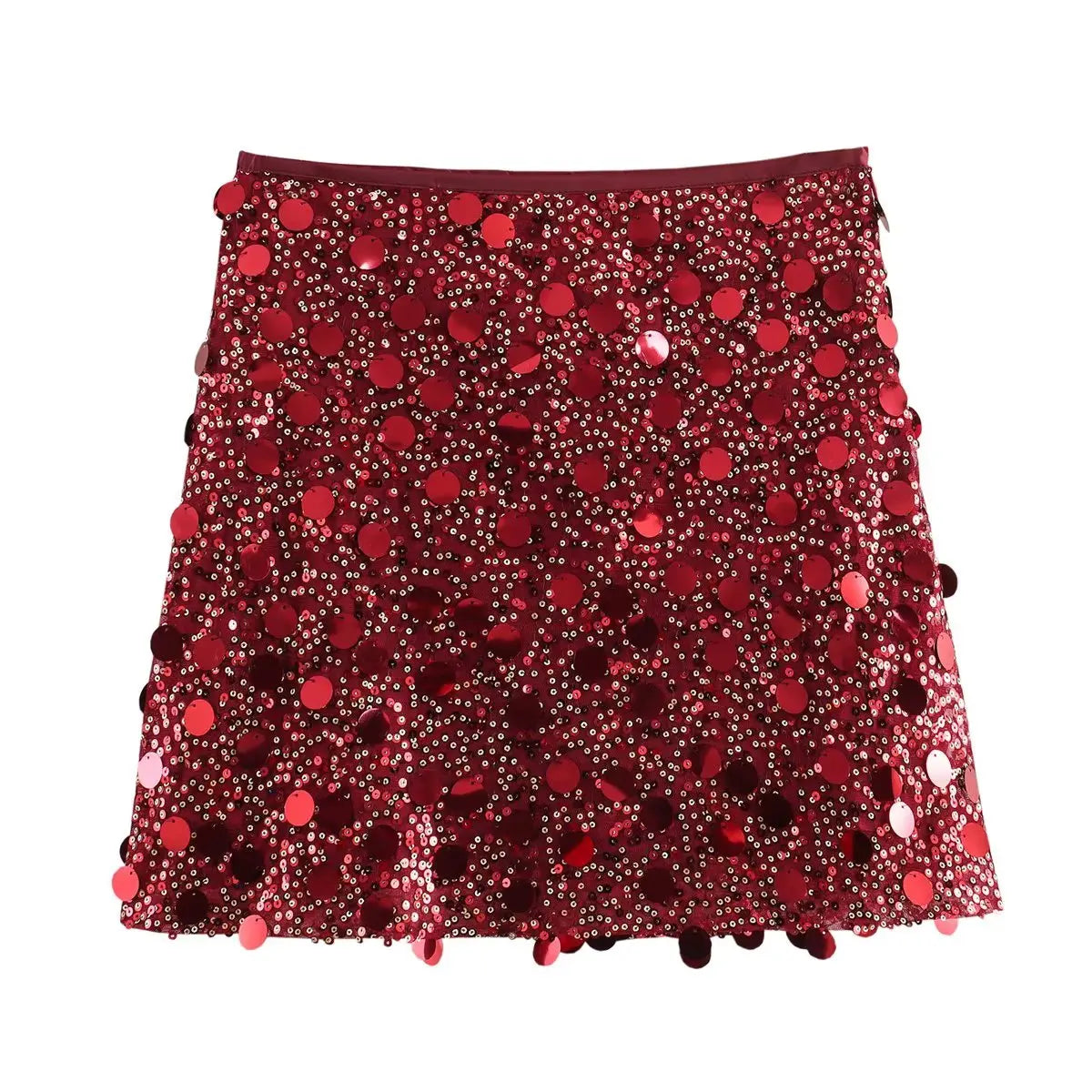 Glam Elegance Mini Skirt in donkerrode sprankelende pailletten, perfect voor feestdagen en speciale gelegenheden.