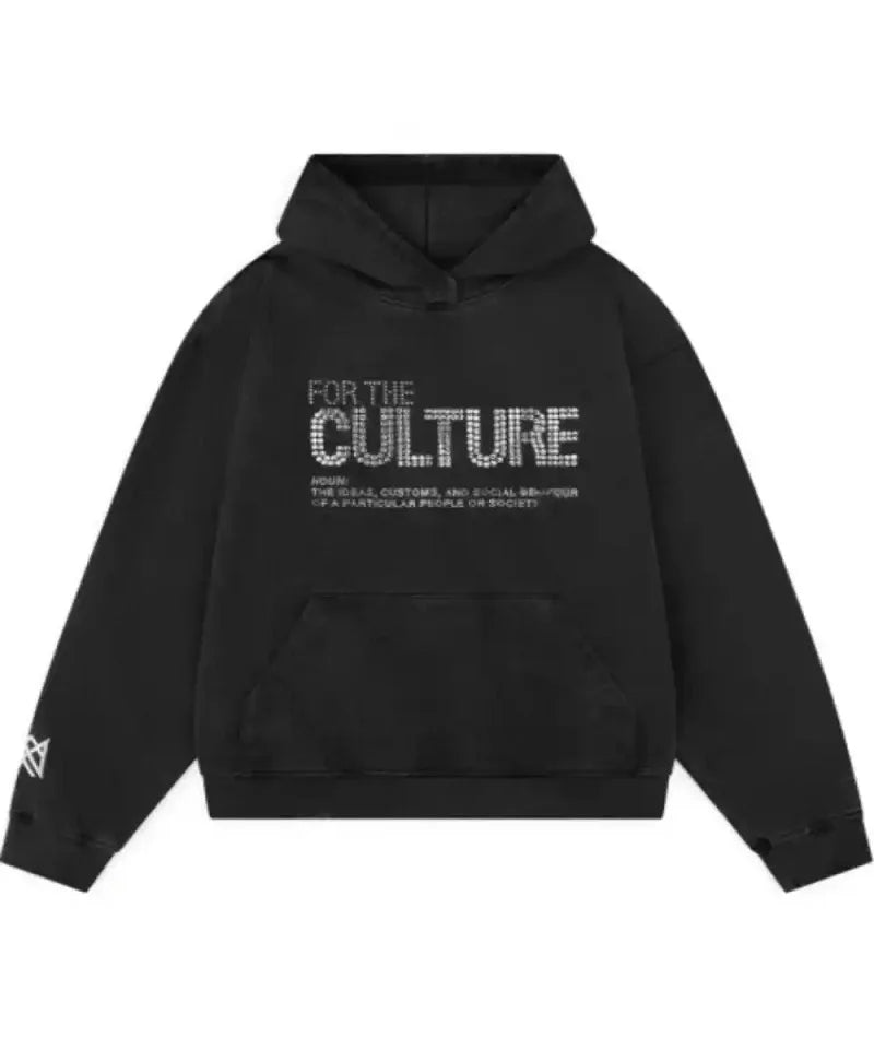 zwarte hoodie met strass steentjes en tekst for the culture