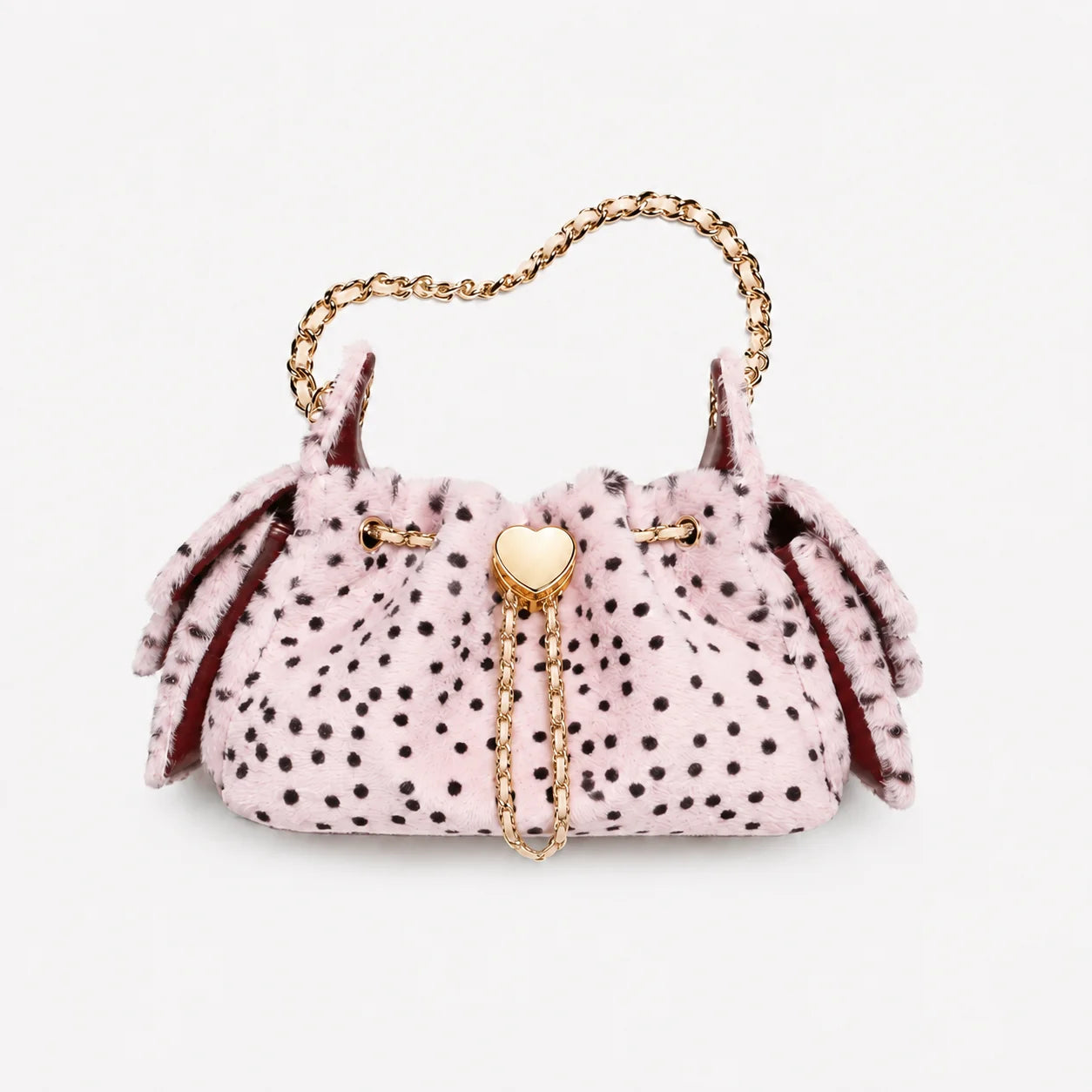 roze stippen faux fur schoudertas met gouden ketting dames