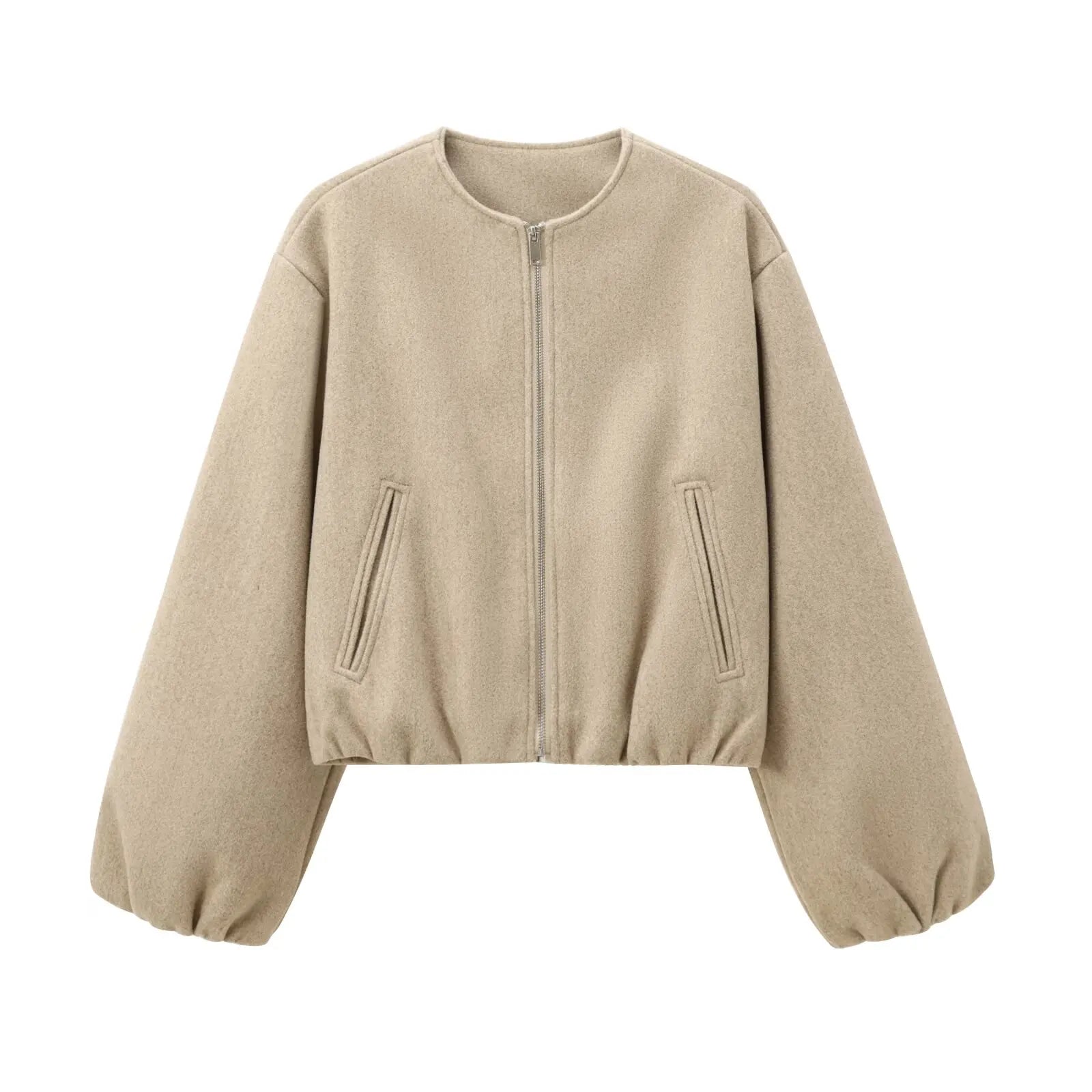 Beige bomber jas met elastische zoom en ritssluiting