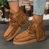 camel suède boots met franje en gouden studs