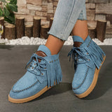 blauwe suède look boots met franjes en studs