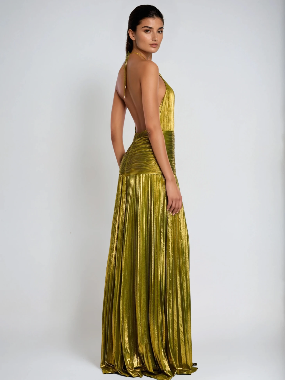 metallic groene halter maxi jurk met hoge split en open rug dames