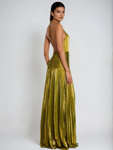 metallic groene halter maxi jurk met hoge split en open rug dames
