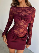 Robe en dentelle Noctyra | Mini robe en dentelle, dos ouvert & manches longues