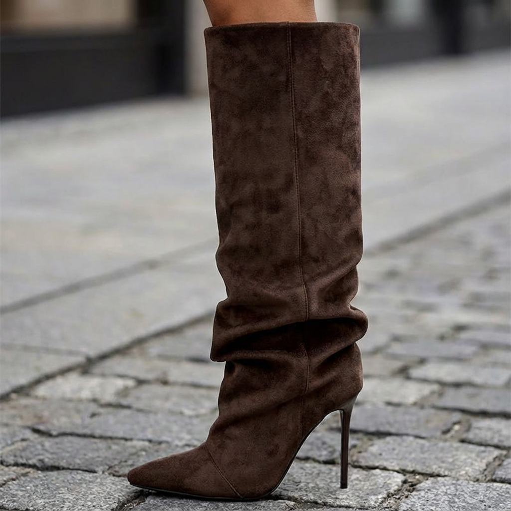 bruine suède plooilaarzen met slouchy schacht