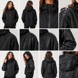 zwarte regenjas dames collage met luipaardprint die zichtbaar wordt in de regen