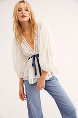 witte blouse met kant en strikdetail en pofmouwen dames