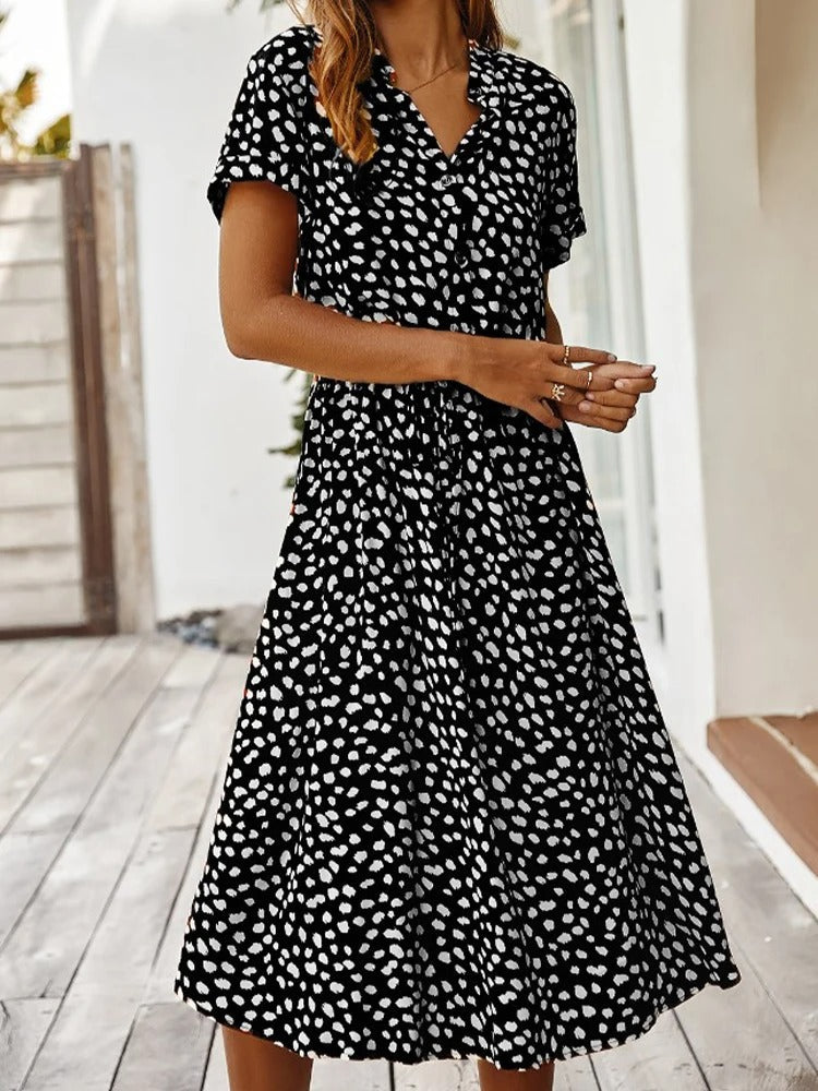 Zanelya | Midi Zomerjurk met Abstracte Stippenprint & Knoopsluiting