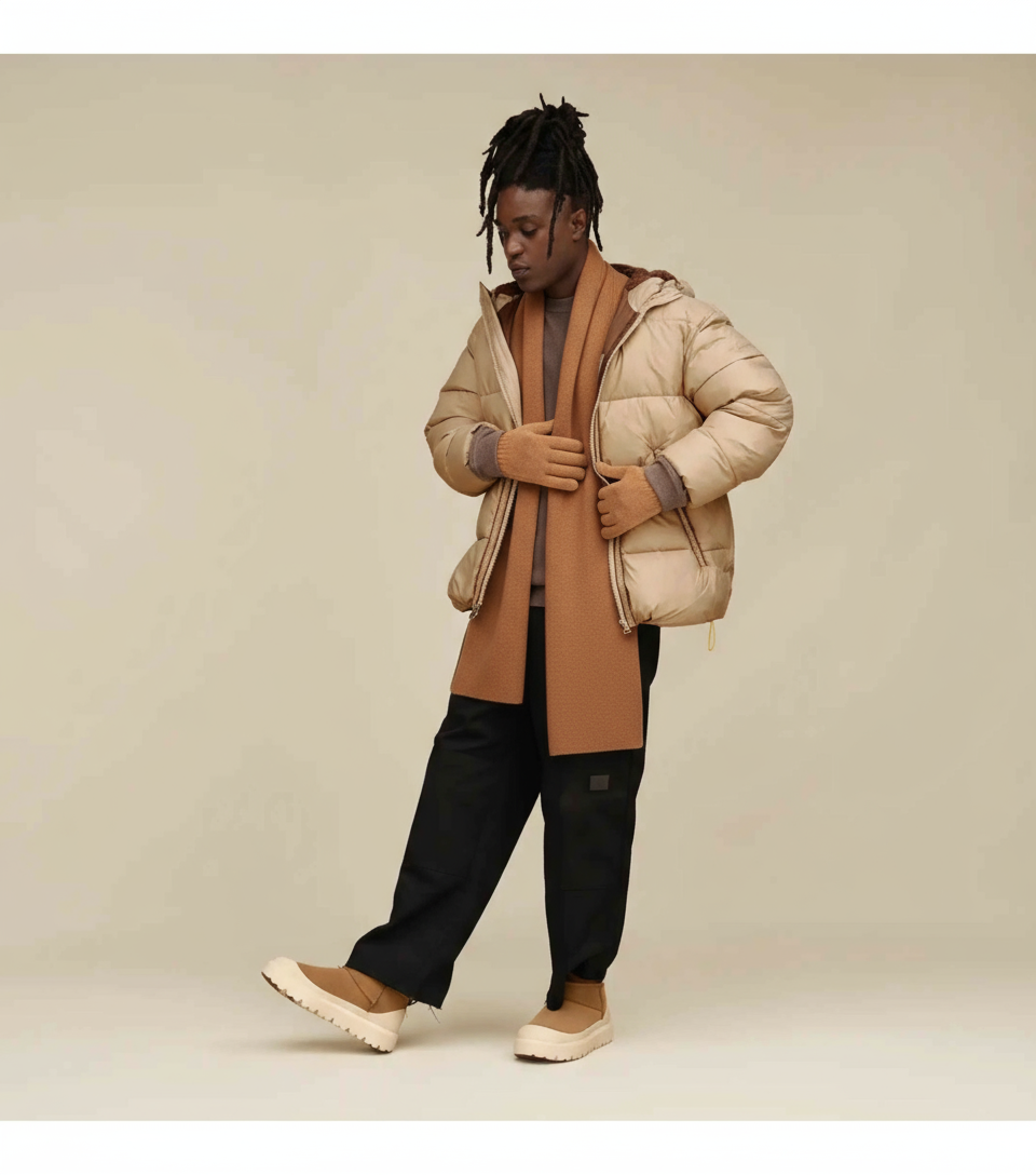 man met beige jas en bruine sjaal draagt beige suède boots met crèmekleurige zool