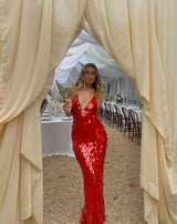 Selvéra | Red Sequin Dress with Open Back and Spaghetti Straps
