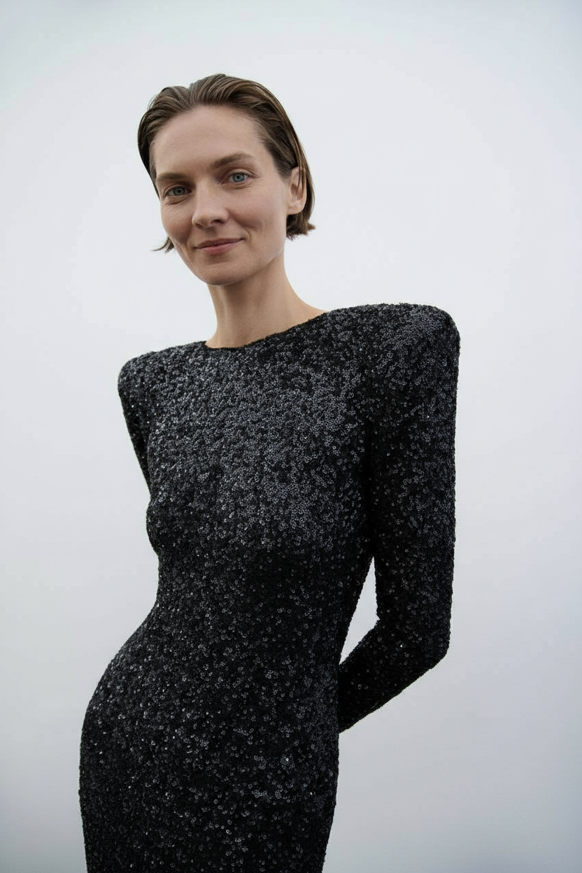vrouw in zwarte glitter maxi jurk met statement schouders