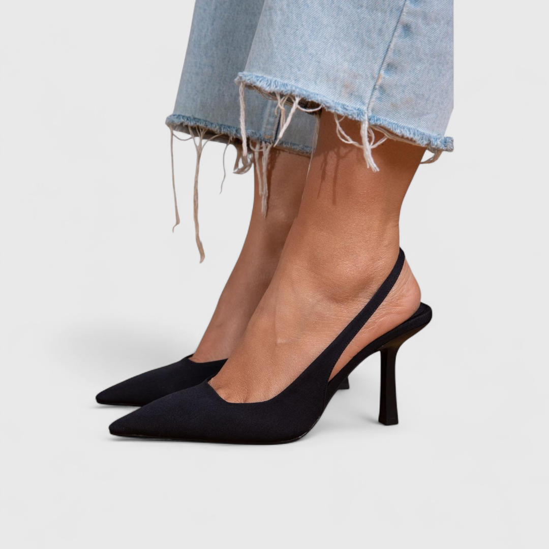 zwarte slingback pumps met puntneus en lage hak dames