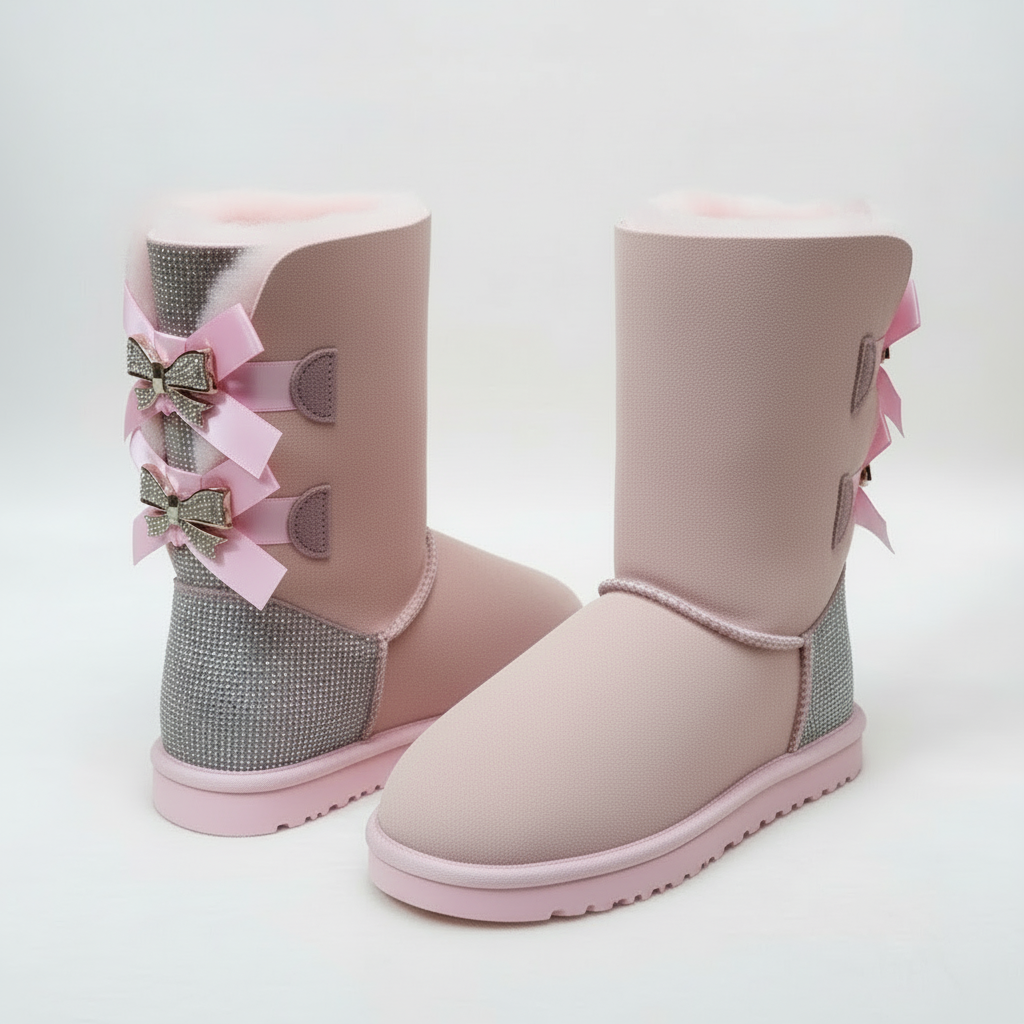 lichtroze winterlaarsjes met twee satijnen strikken en faux fur binnenkant