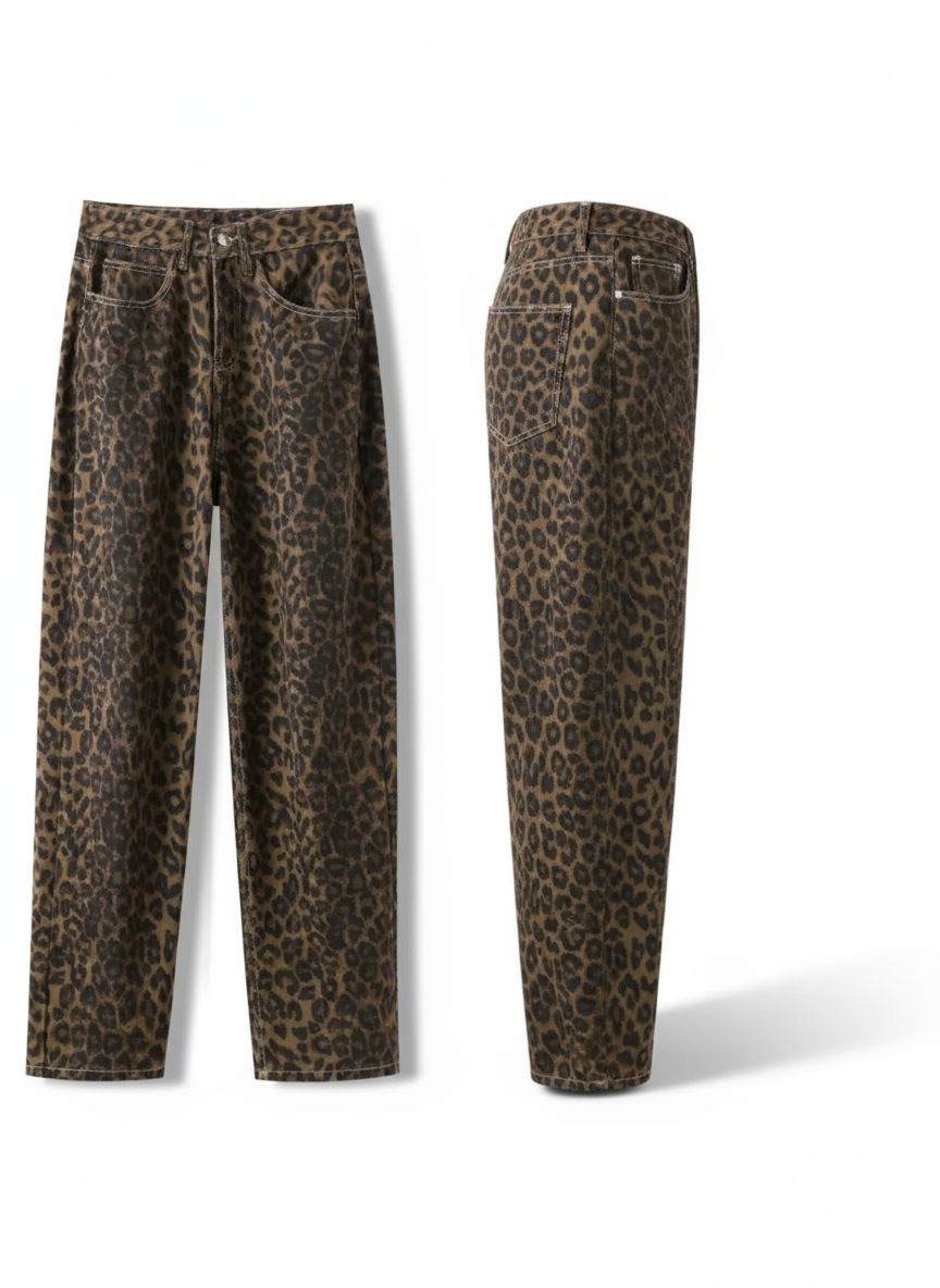 productfoto voor- en achterzijde leopard jeans met five-pocket design