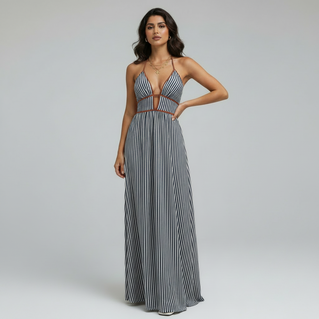 Serelia | Robe maxi rayée avec col halter et décolleté plongeant en V
