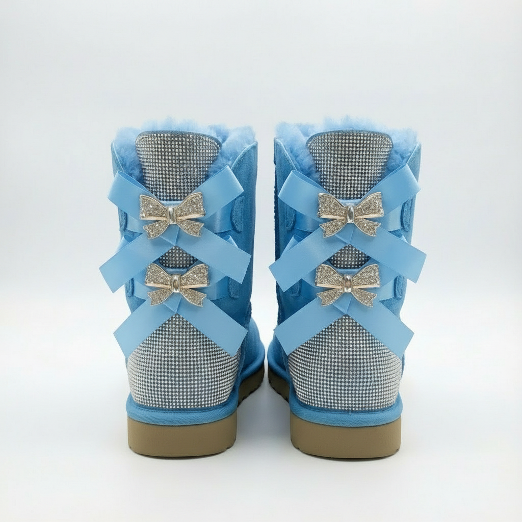 light blue sparkle bow boots dames met luxe suède en faux fur lining