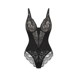 CurveLuxe Bodysuit - Sexy kanten shapewear met V-hals, ontworpen om rondingen te accentueren en een slanker silhouet te bieden, met verstelbare schouderbanden en ademende stof.