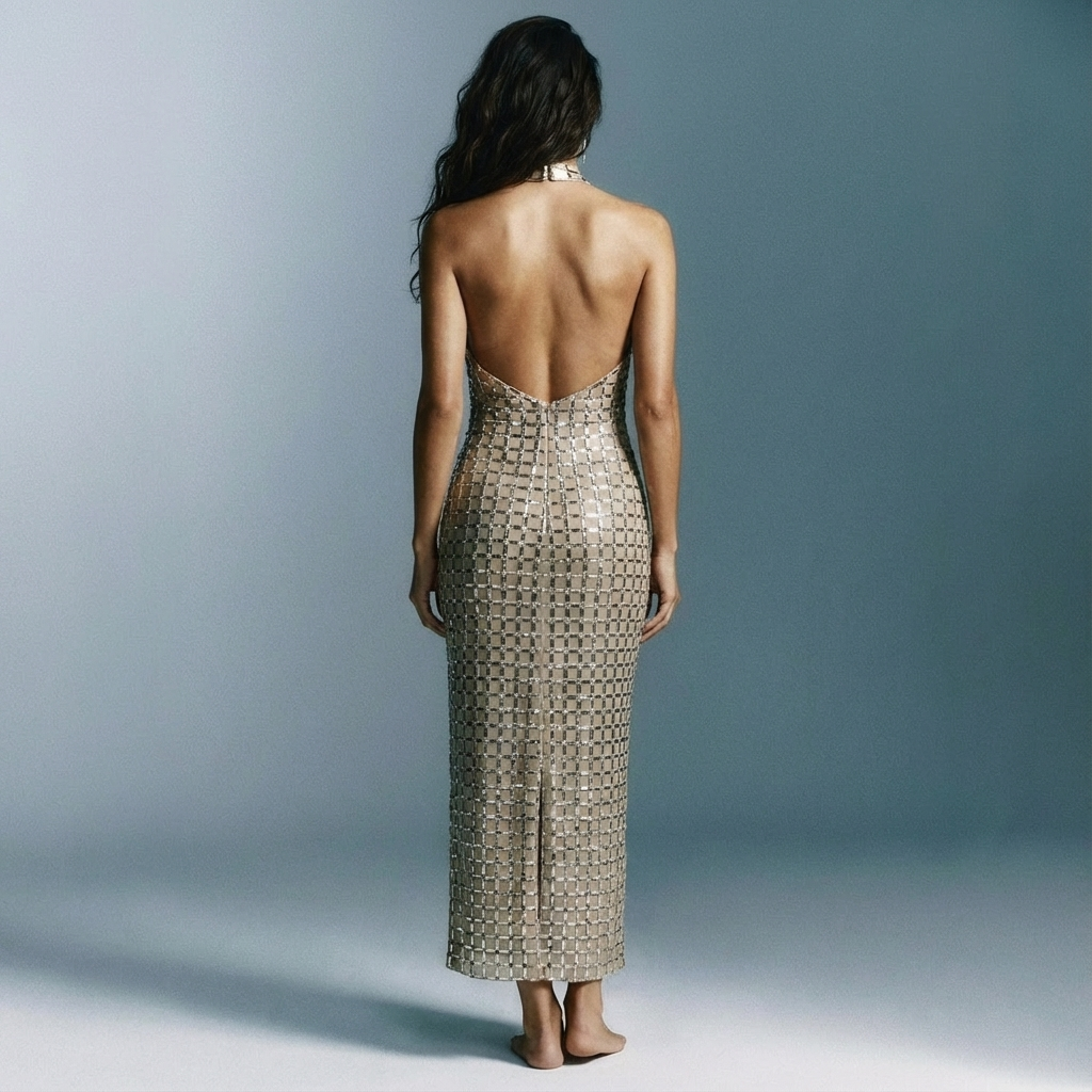 achterzijde van nude halter jurk met open rug en spiegelsteentjes