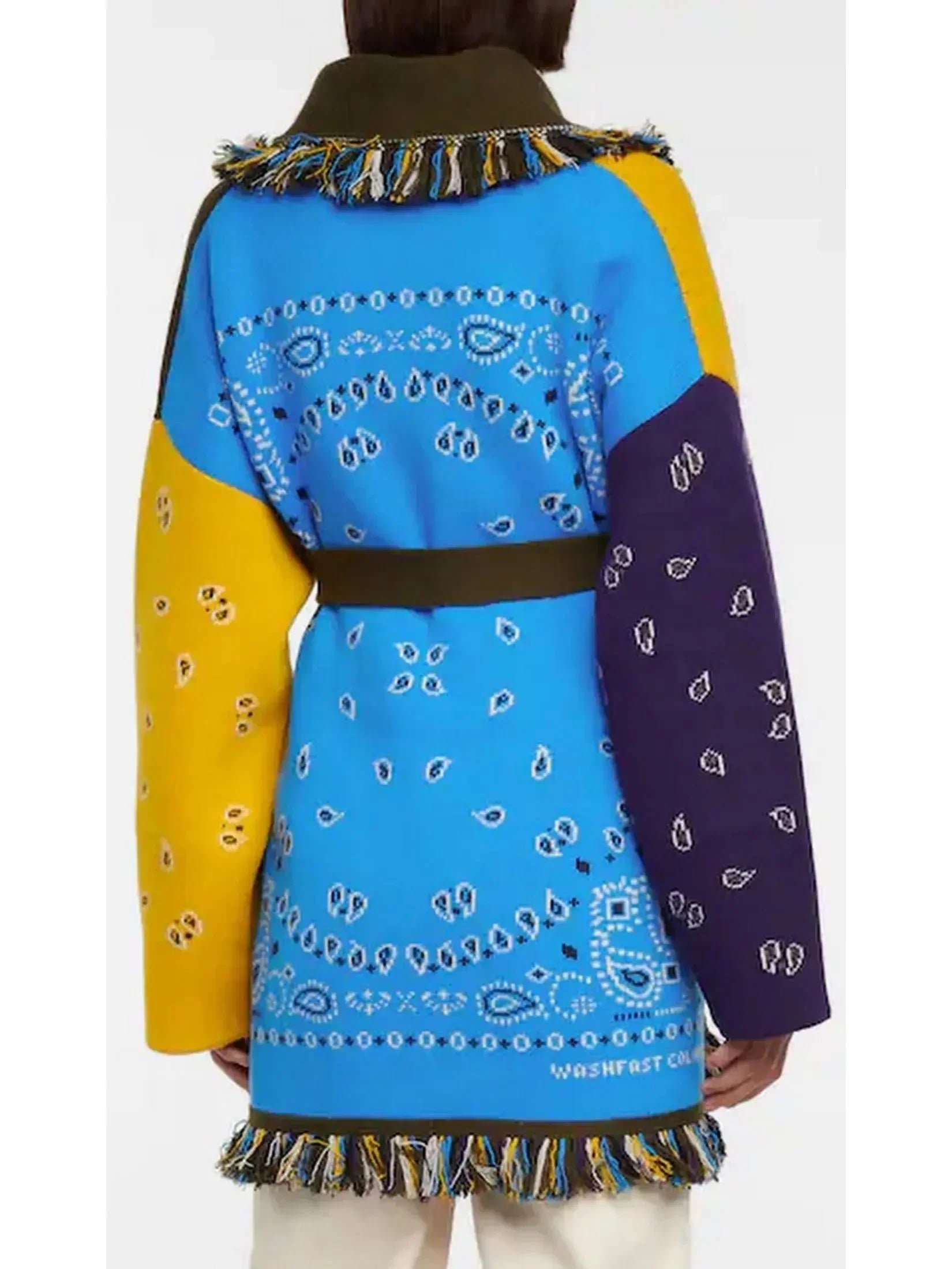 meliora cardigan blauw geel oversized kleurblok