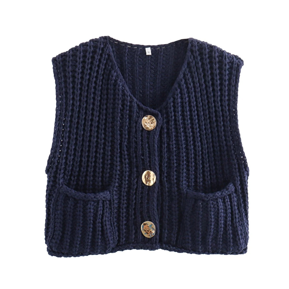 KnitCharm Vest in marineblauw- Stijlvol mouwloos gebreid vest met luxe gouden knopen, perfect voor gelaagde herfst- en winterlooks