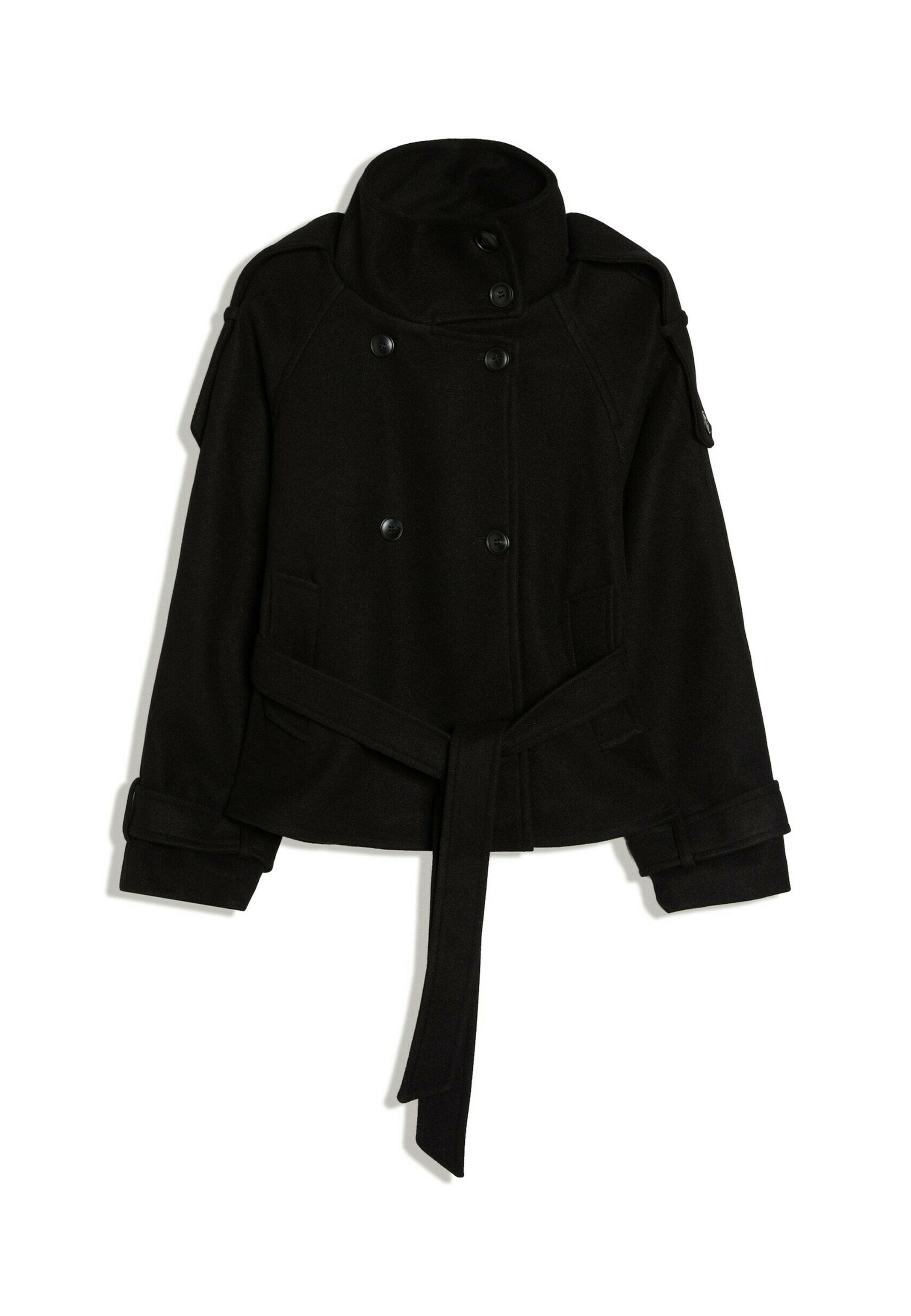 zwarte korte trenchcoat dames met taille ceintuur en dubbele knoopsluiting