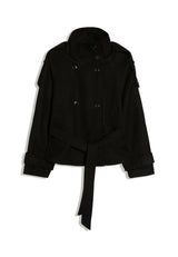 zwarte korte trenchcoat dames met taille ceintuur en dubbele knoopsluiting