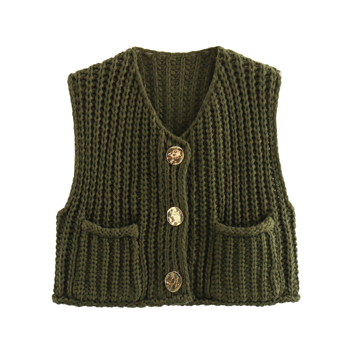 KnitCharm Vest in legergroen - Stijlvol mouwloos gebreid vest met luxe gouden knopen, perfect voor gelaagde herfst- en winterlooks